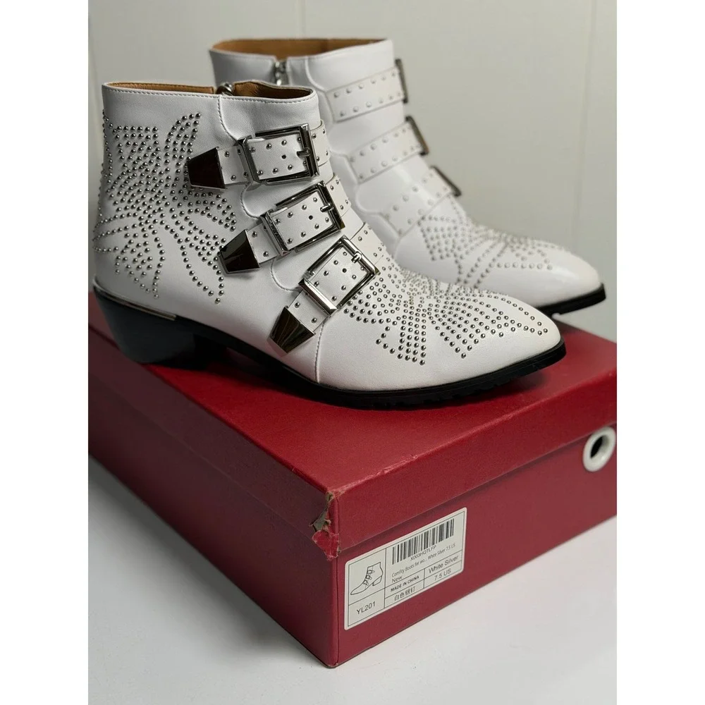 Yolanda Bootie‎ White Silver Studded Triple Buckle Pointed Toe Ankle Boots 7.5